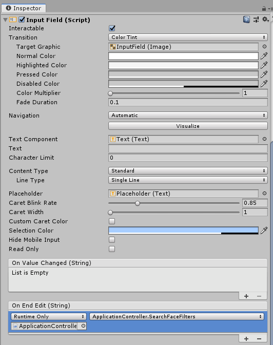 Input Field settings with attached ApplicationController.SearchFaceFilters as the On End Edit callback