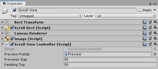 Scroll View settings with Preview prefab in the Preview Prefab field