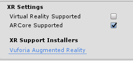 XR Settings section with enabled "ARCore Supported" checkbox