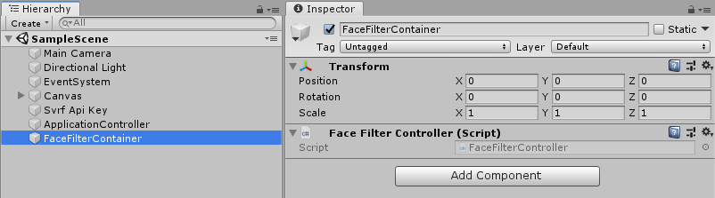 FaceFilterContainer game object with attached FaceFilterController script