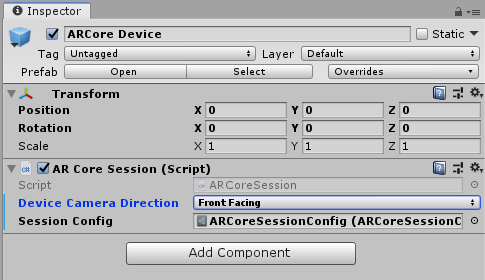 ARCore Device settings with Device Camera Direction Front Facing; Session Config ARCoreSessionConfig