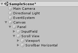 Game objects structure: Panel inside Canvas; InputField and ScrollView inside Panel; Viewport and Scrollbar Horizontal inside Scroll View